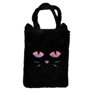 Halloween nwt black cat Plush furry Tote Bag, 16x12-in